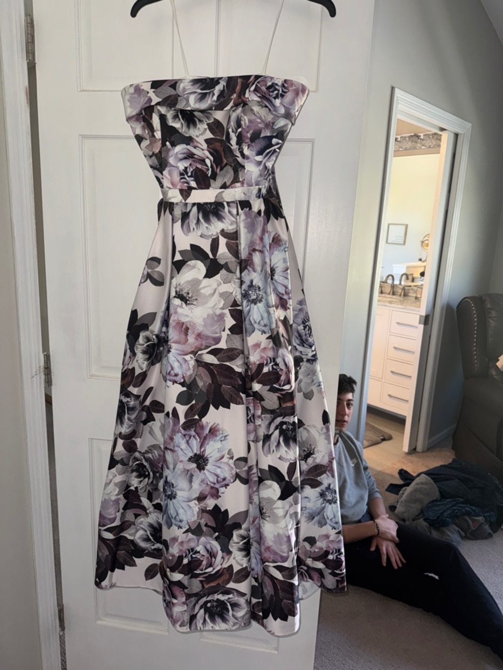 Xscape Strapless Floral Party Dress in Mauve, Gray and Cream